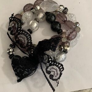 Elegant Black and Silver Beaded Bracelet with Lace Bow